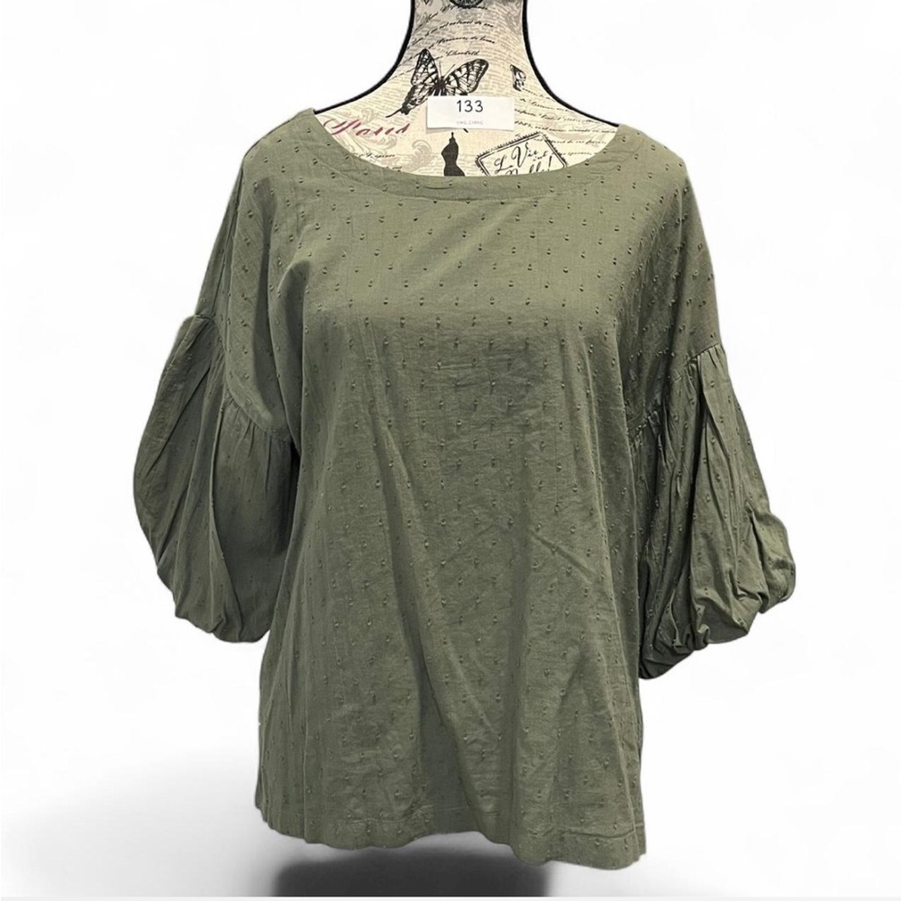 NWT LOFT Olive Puff Sleeve Swiss Dot Blouse Size M